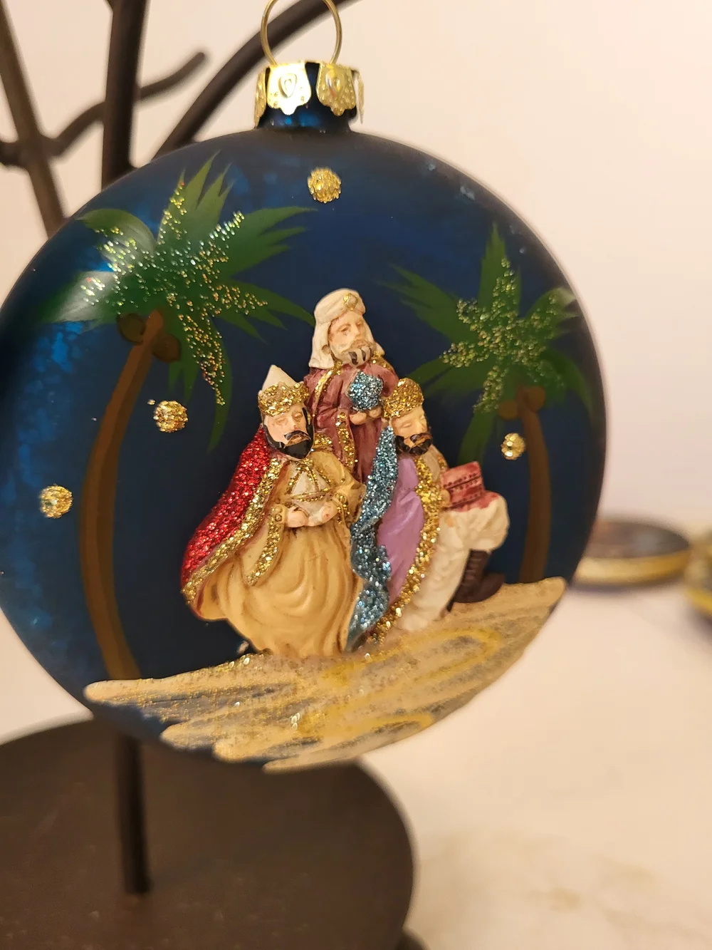 Pier 1 Hand-Painted 3-D Relief Blue Nativity Glass Ornament S/2